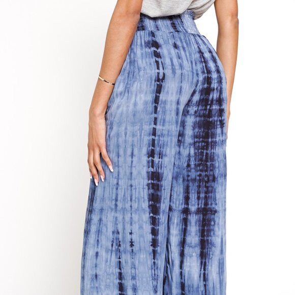 MYSTREE Blue Tie-Dye Smocked Waist Wide Leg Pants | Boho Comfy Summer Lounge - Picture 4 of 5